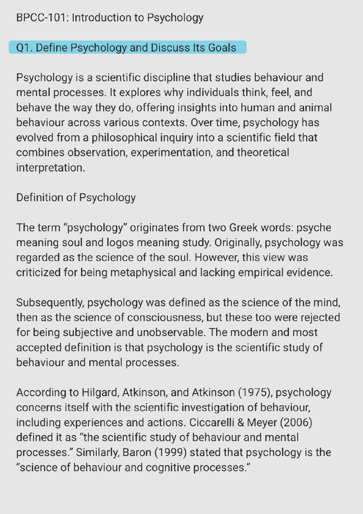 Introduction to Psychology: Defining Goals and Key Concepts (BPCC-101 ...