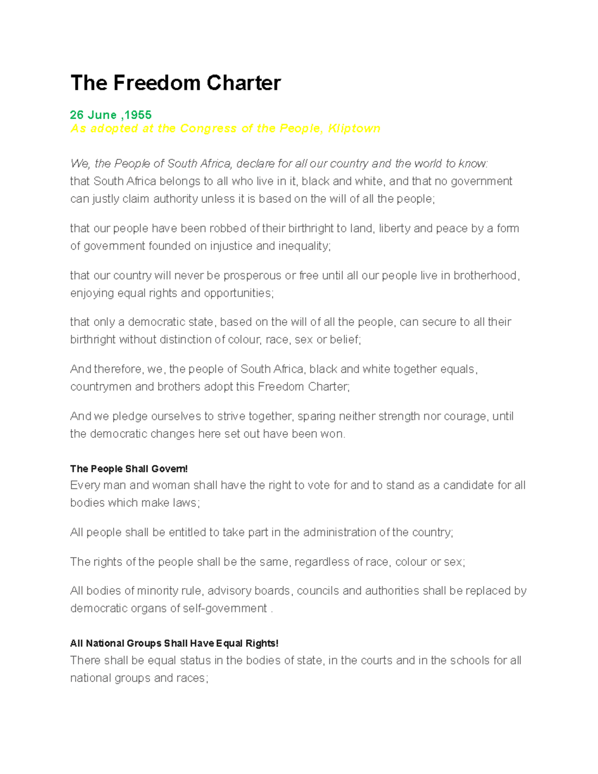 The Freedom Charter Summary Notes - Key Principles and Rights - Studocu