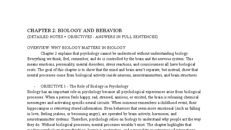 Psych 101: Chapter 2 - Biology and Behavior Notes & Objectives - Studocu