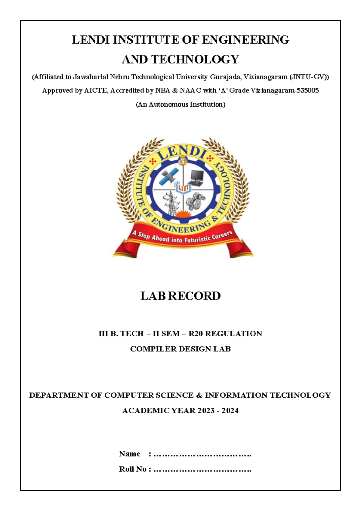 B. Tech II Sem R20 Compiler Design Lab Record - Lendi Institute - Studocu