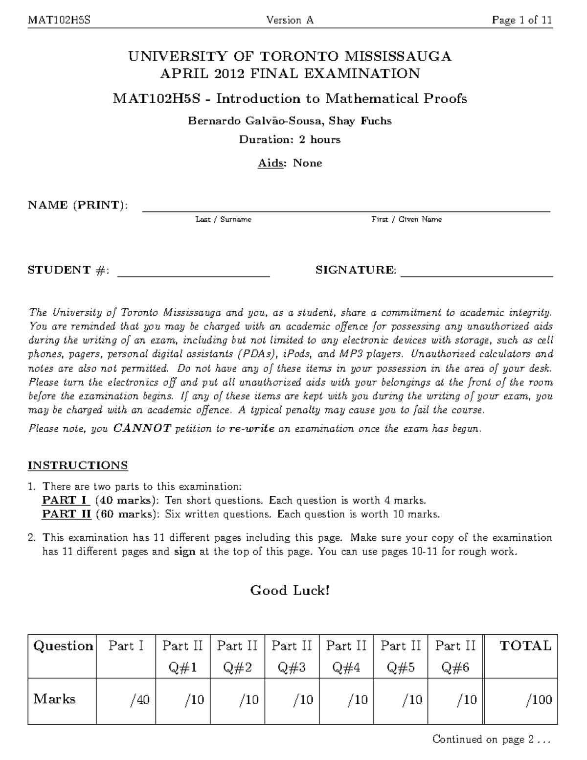 MAT102H5S Final Exam April 2012 - Introduction to Mathematical Proofs ...