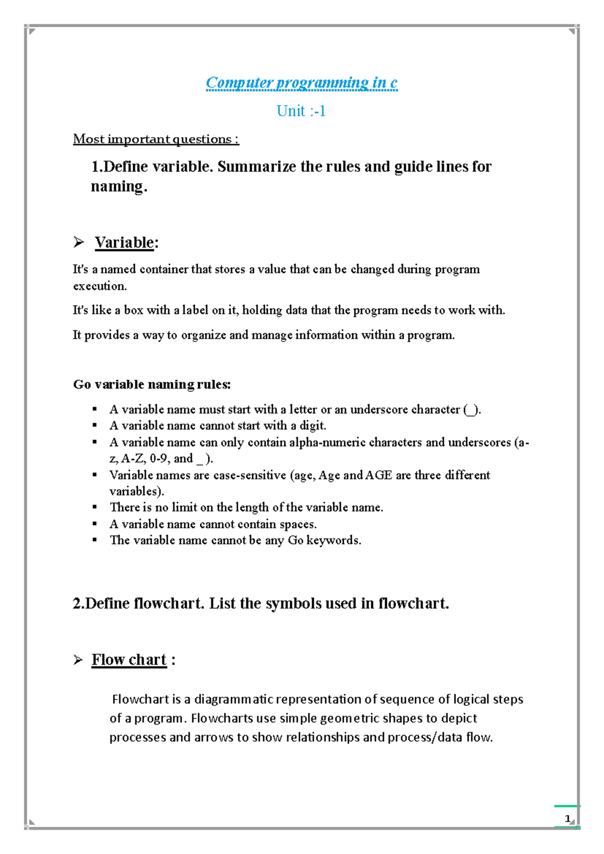 C Programming (CS101) - Key Concepts and Important Questions - Studocu