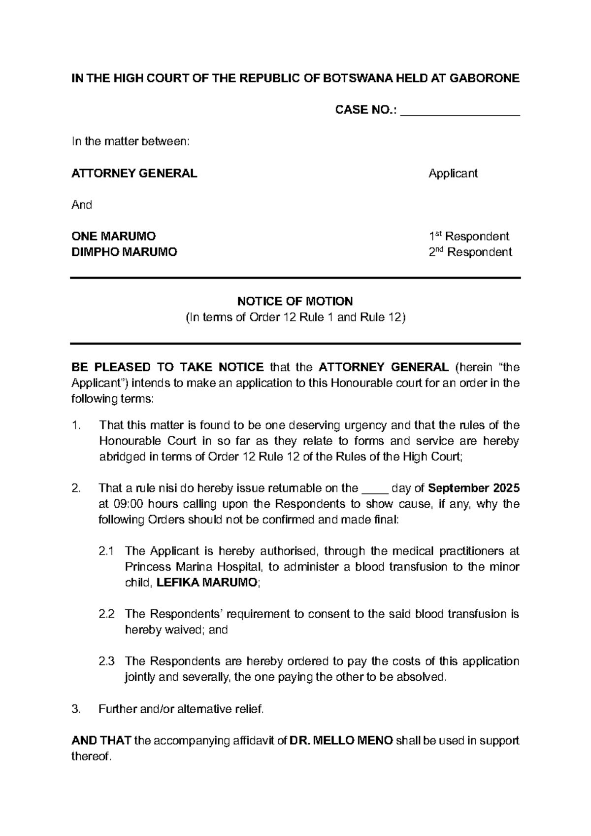 Urgent Application Notice of Motion - High Court Case No. Gaborone ...