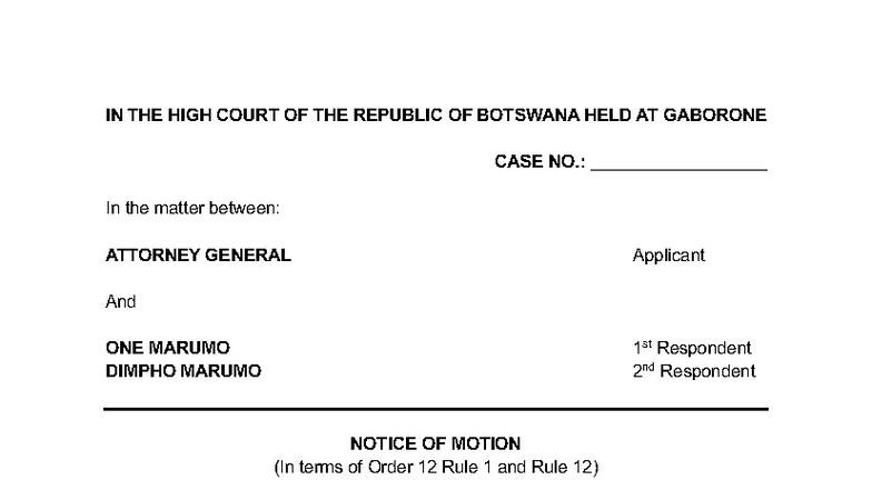 Urgent Application Notice of Motion - High Court Case No. Gaborone ...