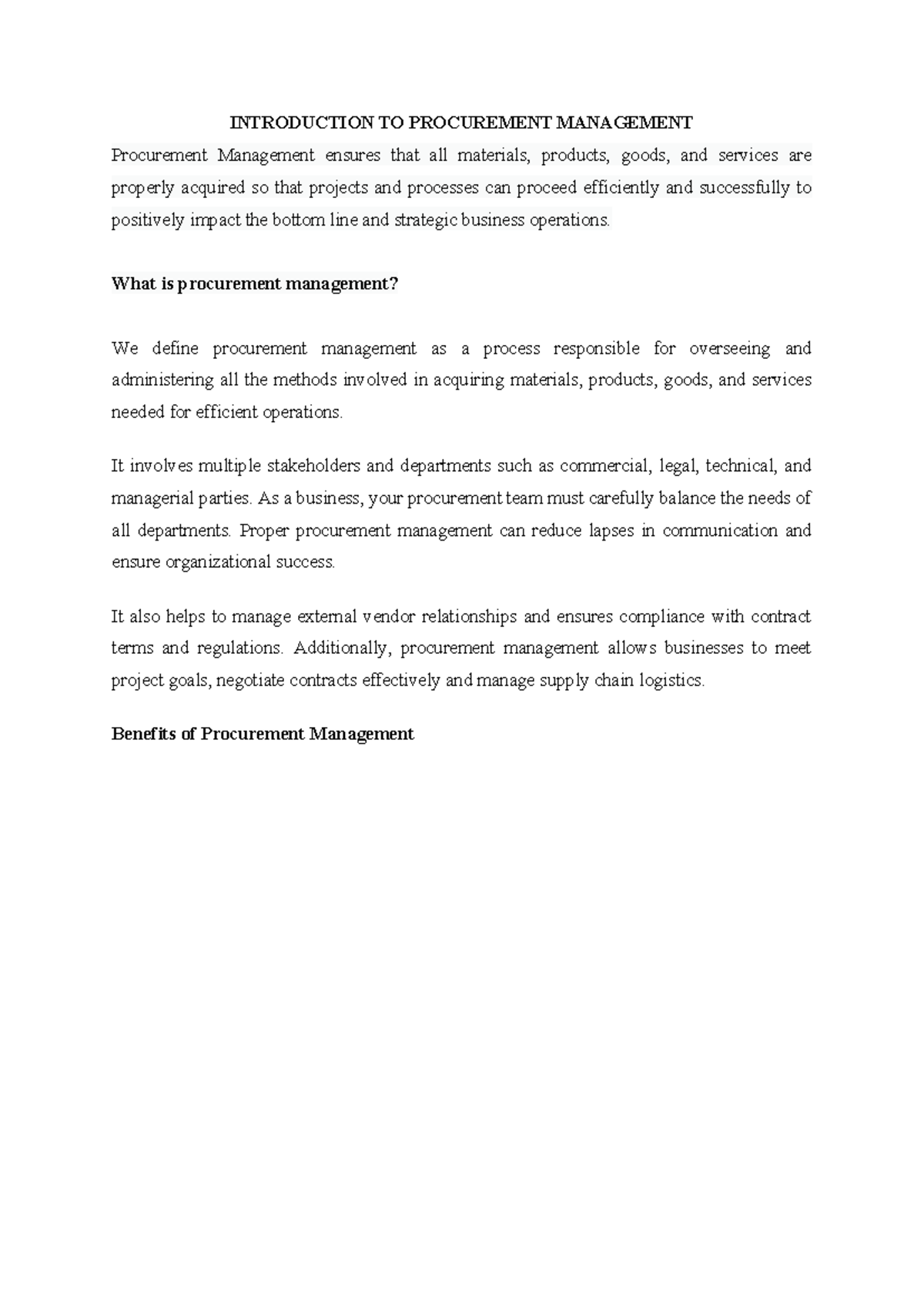 Procurement Management Overview: Key Concepts and Benefits - Studocu