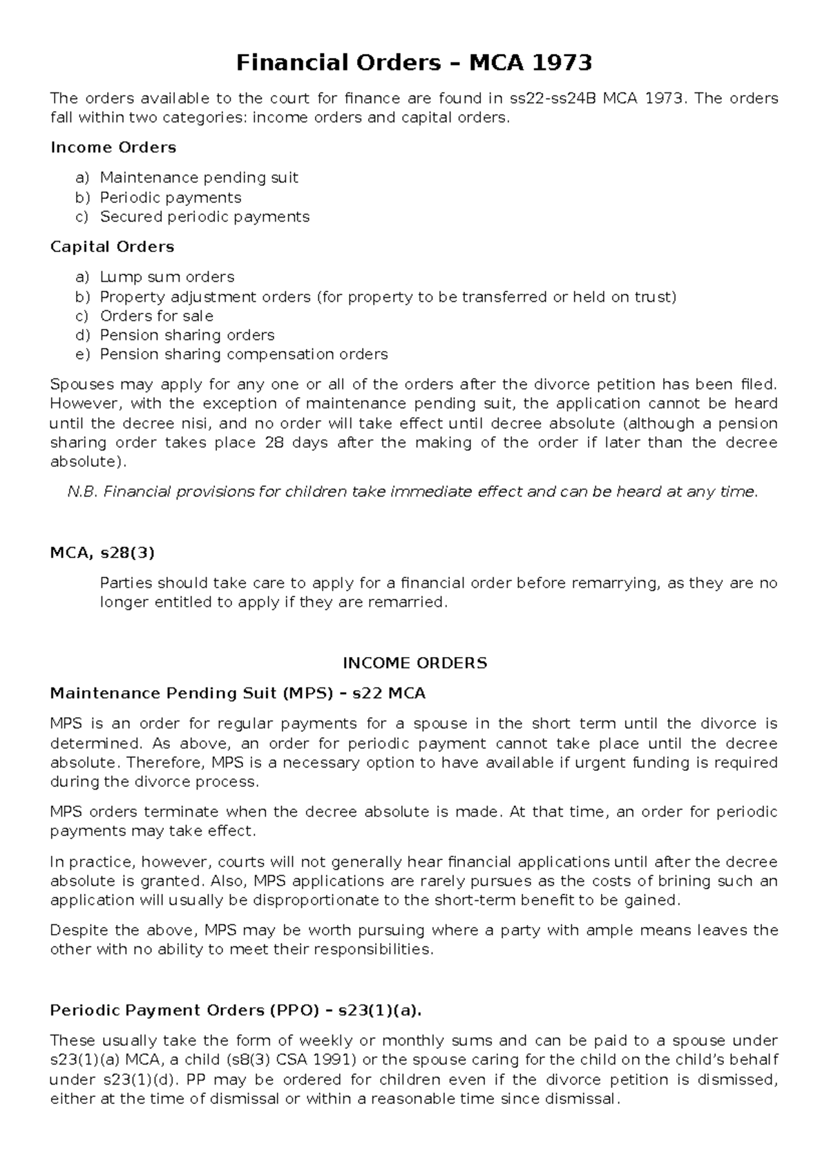 Financial Orders Overview: Income & Capital (MCA 1973) - Studocu
