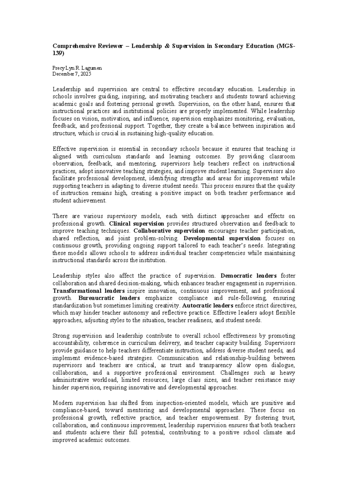 Comprehensive Reviewer on Leadership Supervision in Secondary Education ...