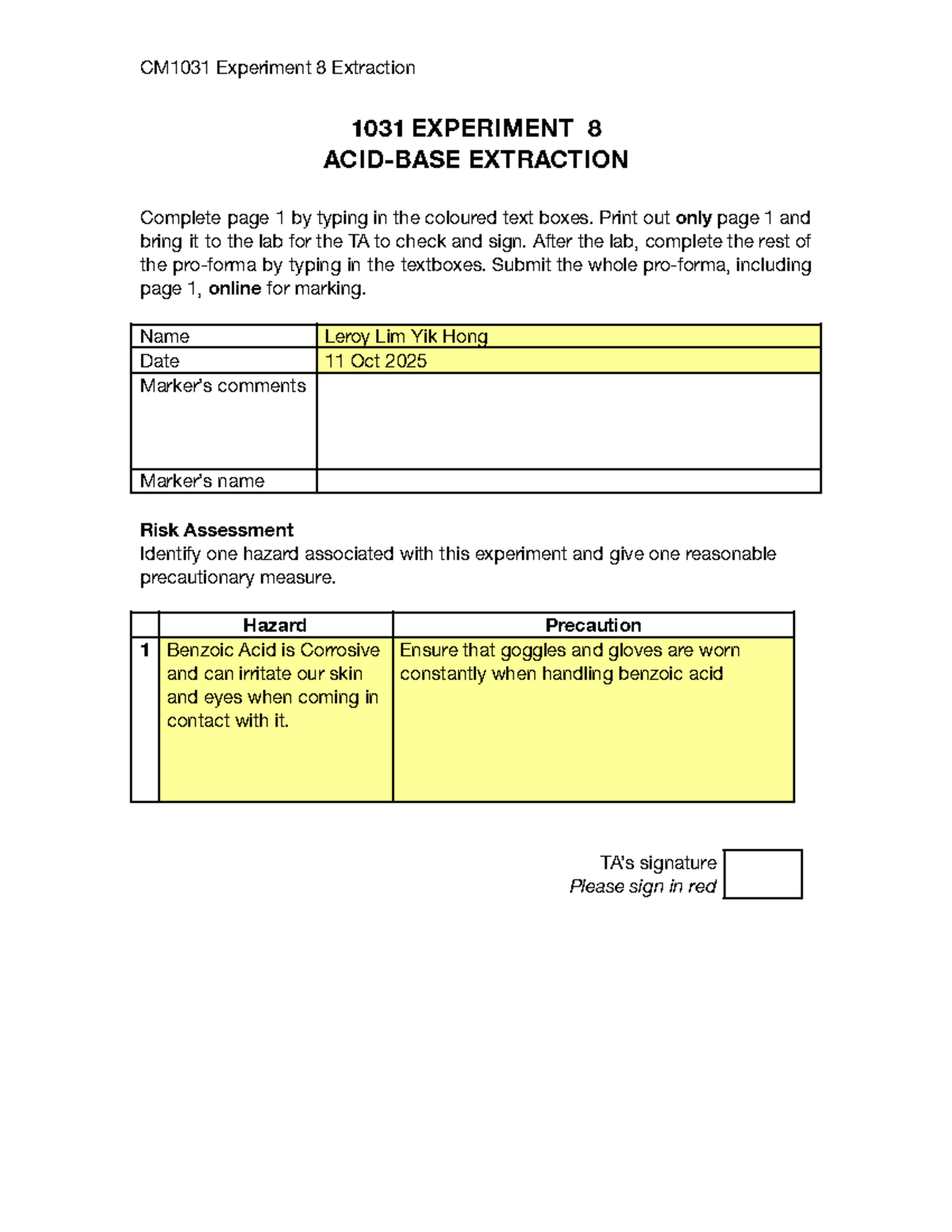 CM1031 Experiment 8: Extraction Lab Instructions & Risk Assessment ...