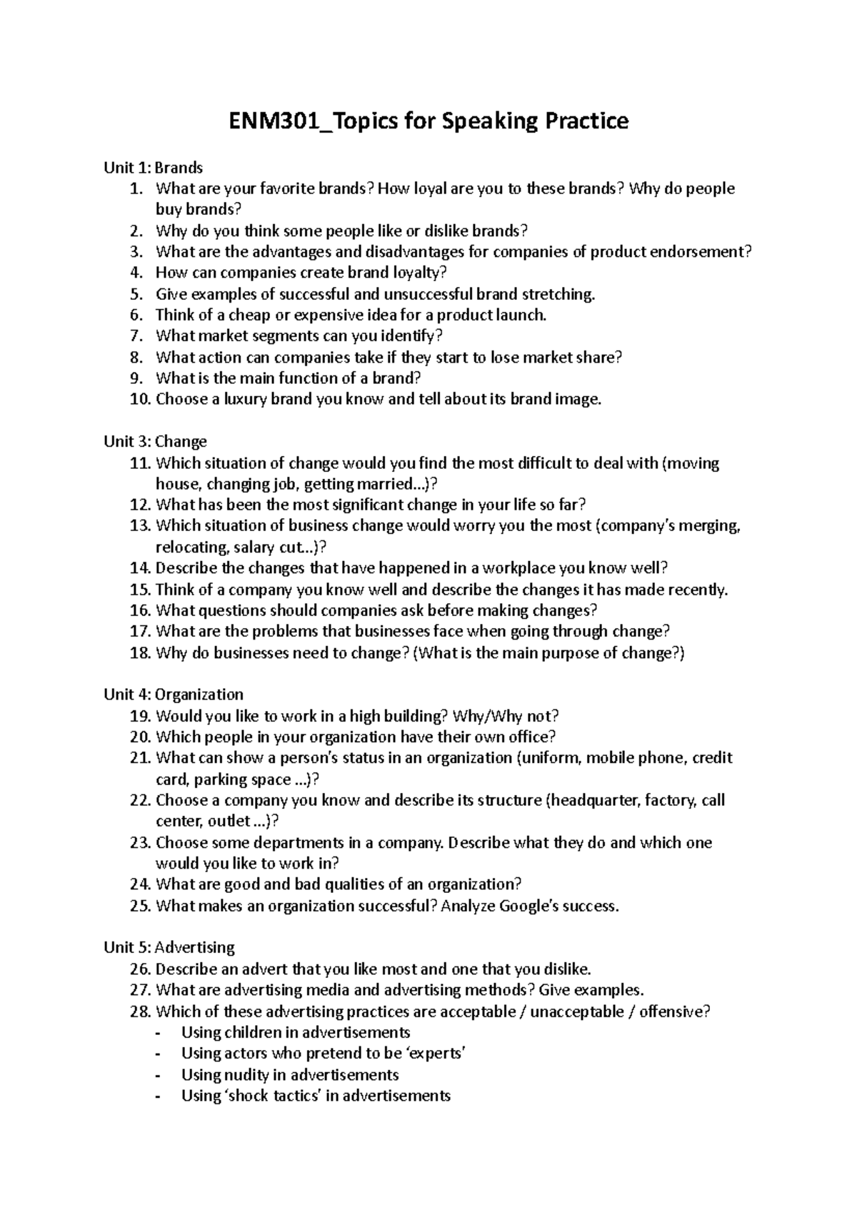 ENM301 Speaking Practice: Topics on Brands, Change & Advertising - Studocu