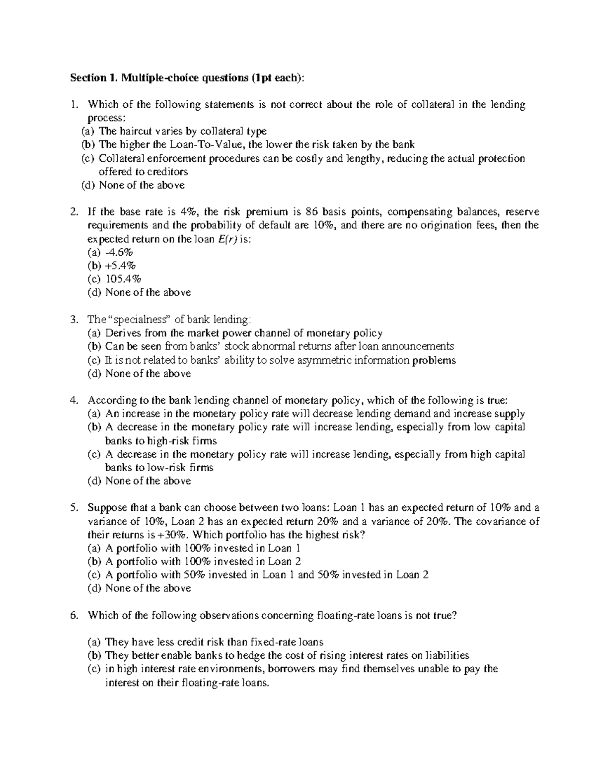 Mock Exam Partial 1: Banking and Collateral Analysis Questions - Studocu