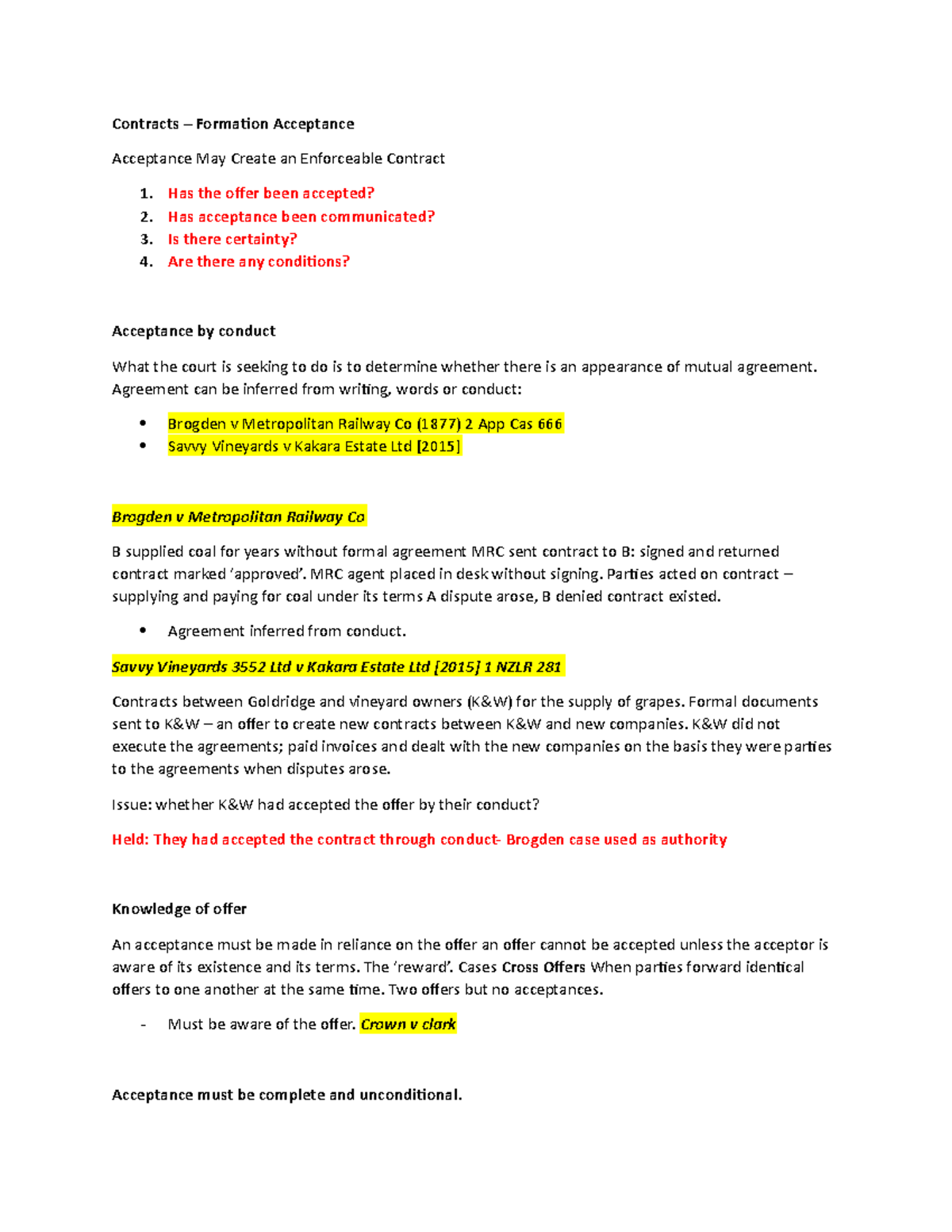 3. Week 3 Lecture Notes on Contracts - Formation & Acceptance - Studocu