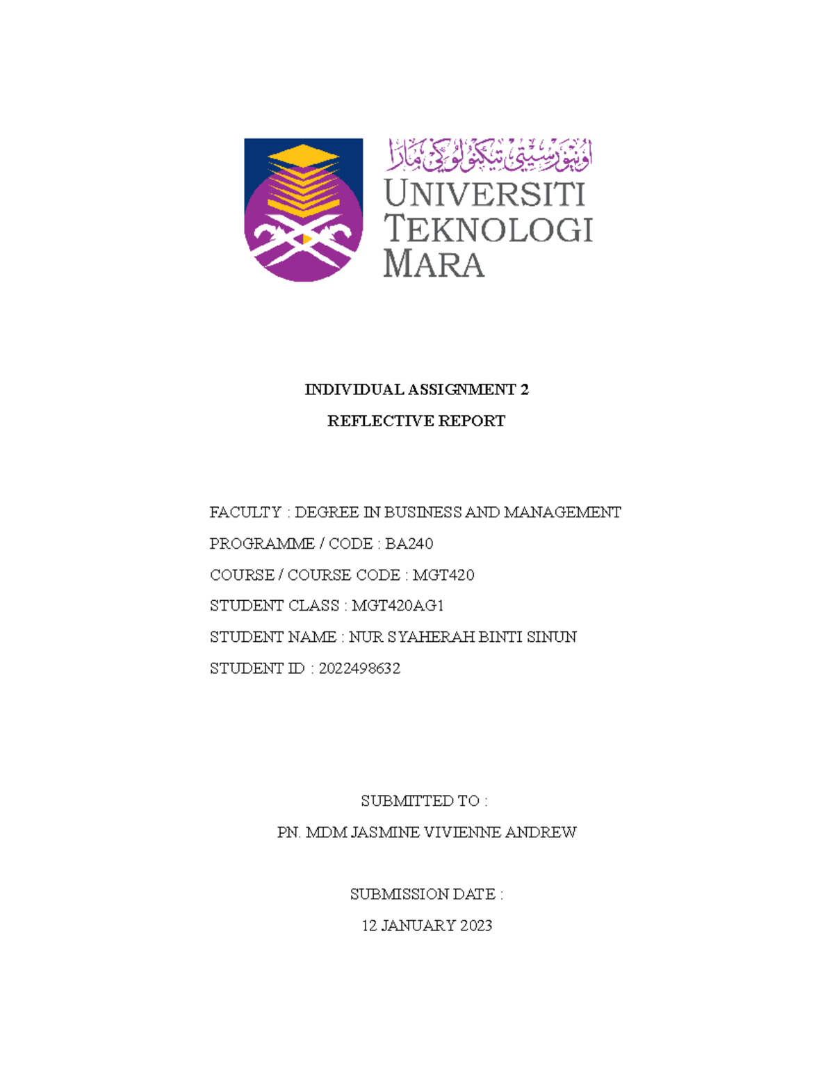 Reflective Report on MGT420 Individual Assignment 2 - Studocu