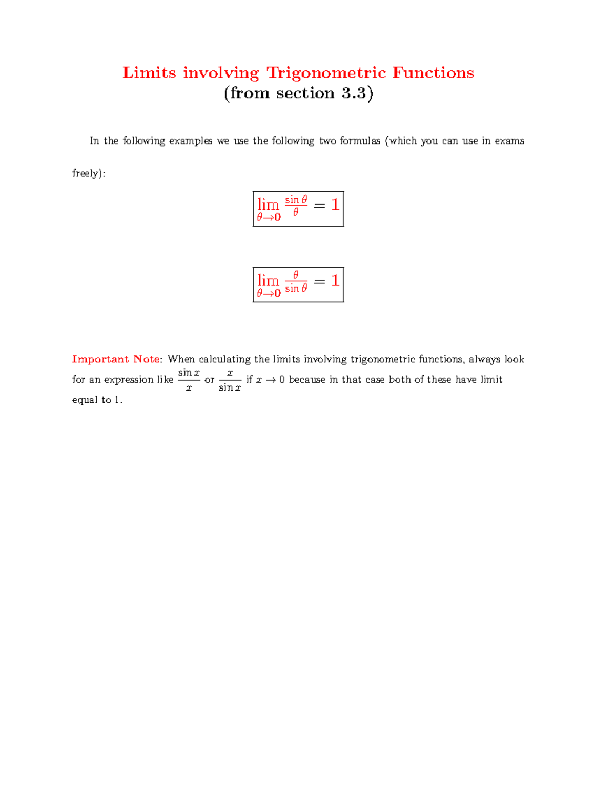 Limits Involving Trigonometric Functions - Section 3.3 Notes - Studocu
