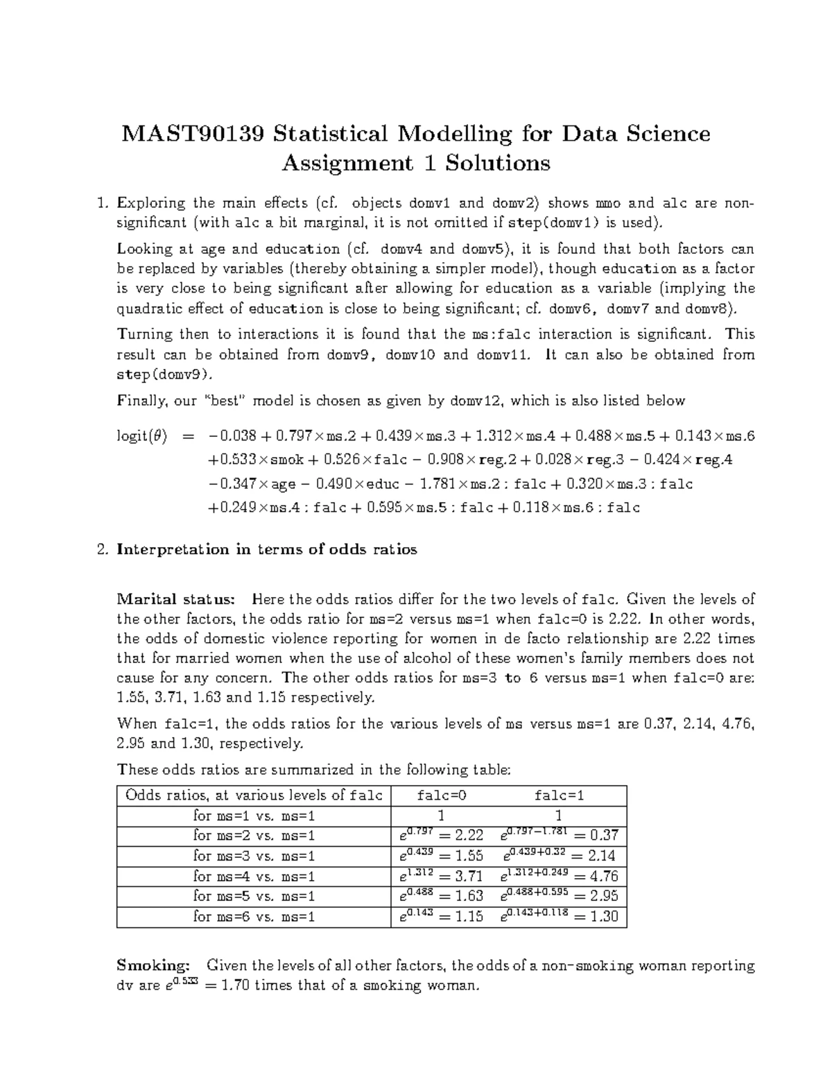 MAST90139 Statistical Modelling for Data Science Assignment 2 Solutions ...