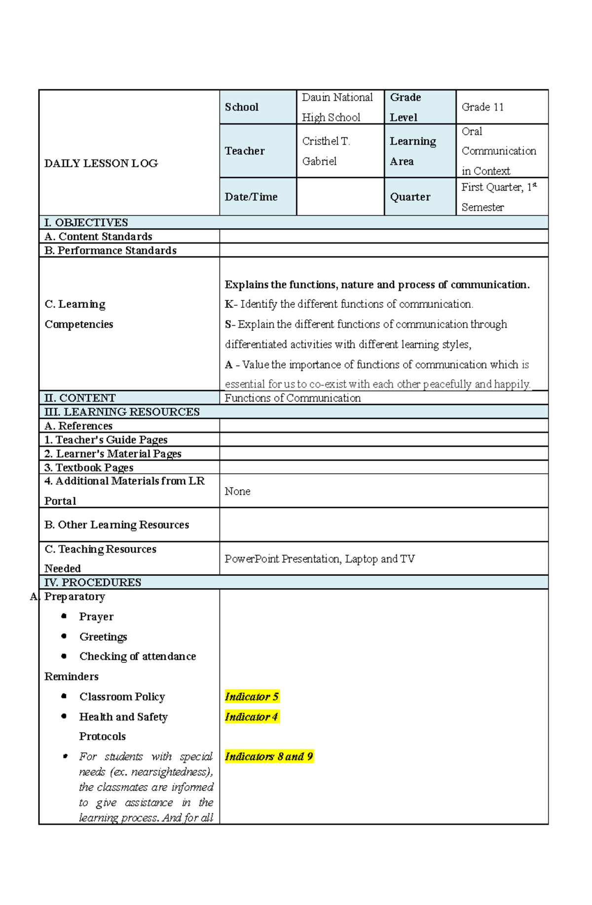 DLL CO 11 Oral Communication Daily Lesson Log - Studocu