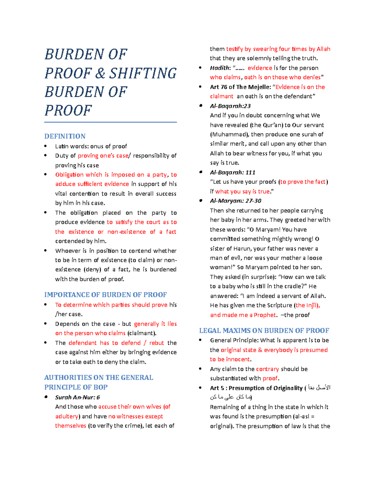 Shariah Court Notes on Burden of Proof & Evidence (CRS 301) - Studocu