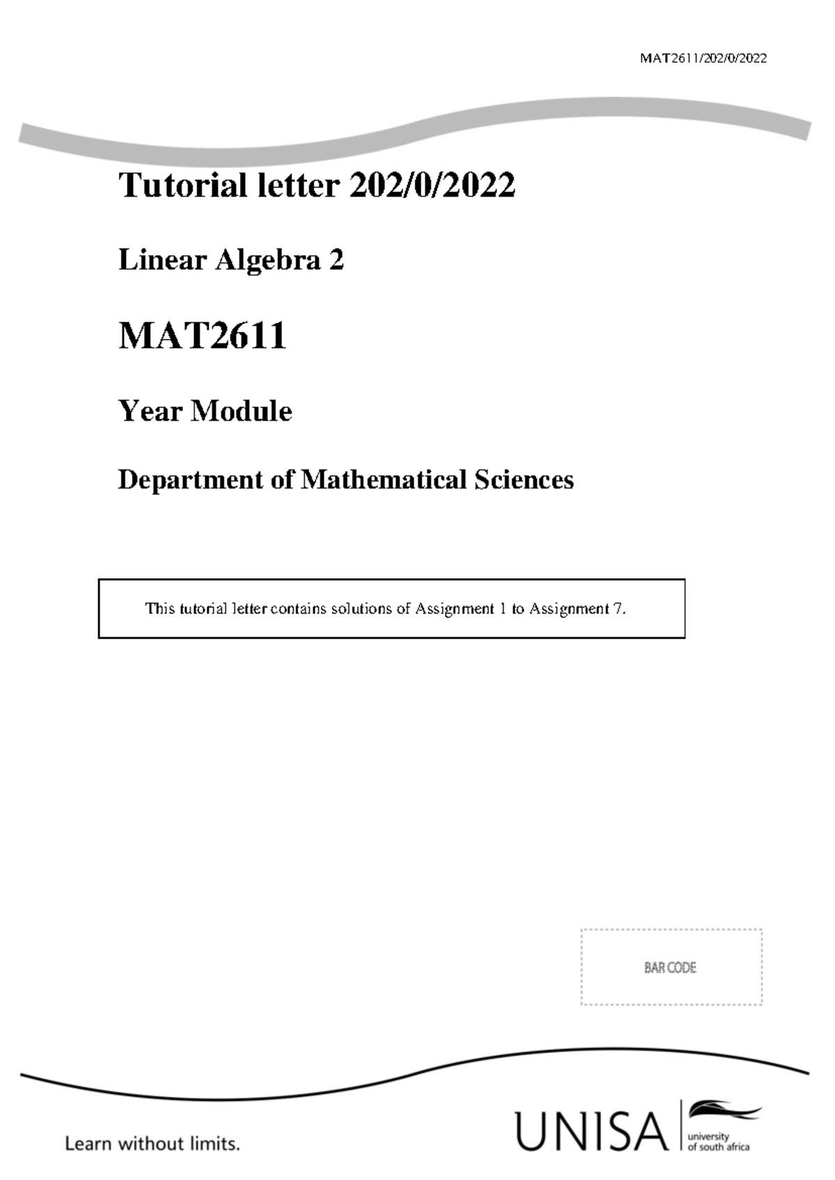 TL201 - MAT2611 2022 Solutions for Assignments 1 to 7 - Studocu