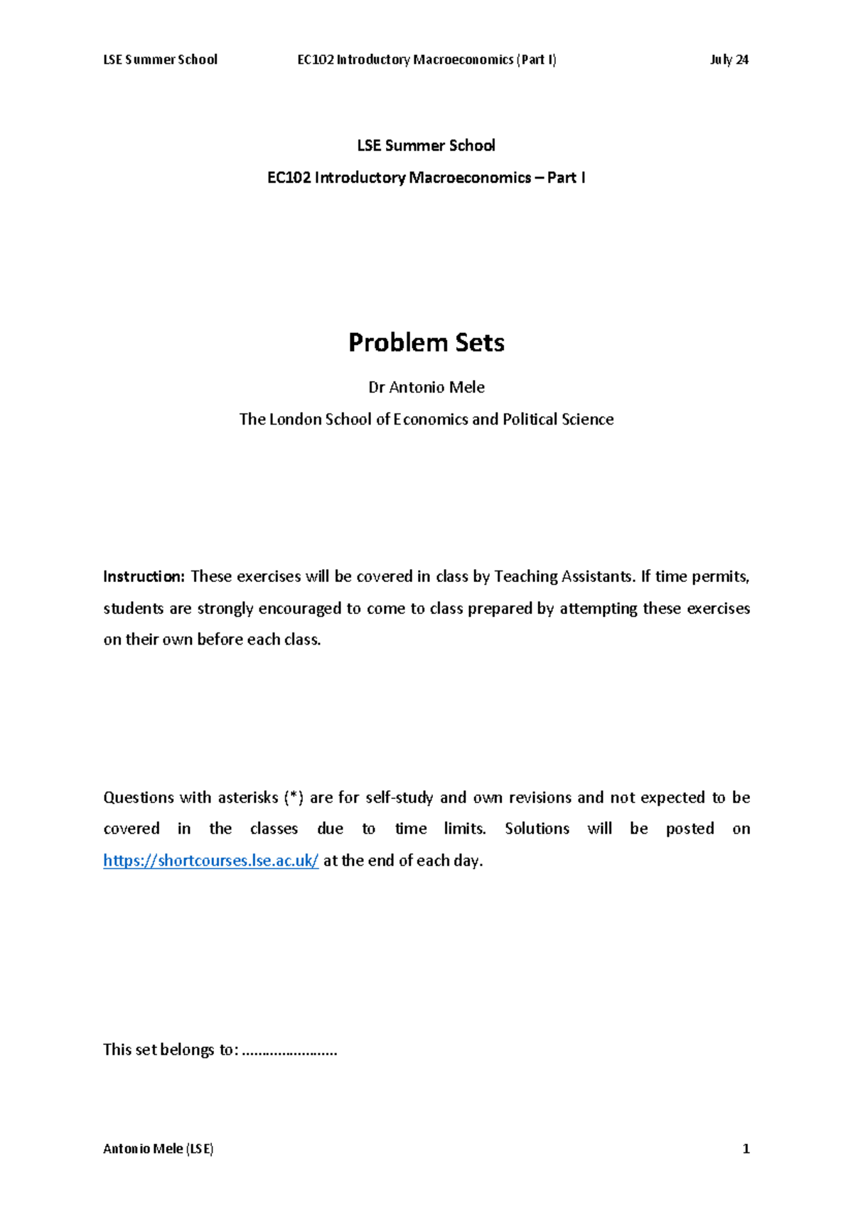 LSE Summer School EC102 Introductory Macroeconomics (Part I) Problem ...