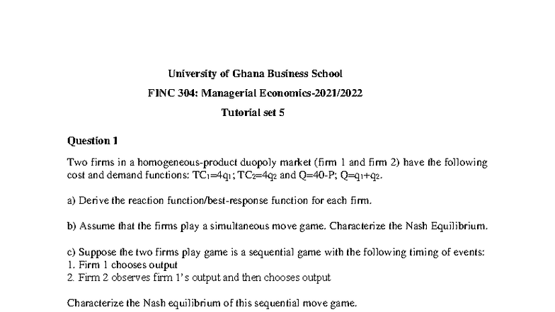 FINC 304: Managerial Economics Tutorial Set 5 Analysis - Studocu