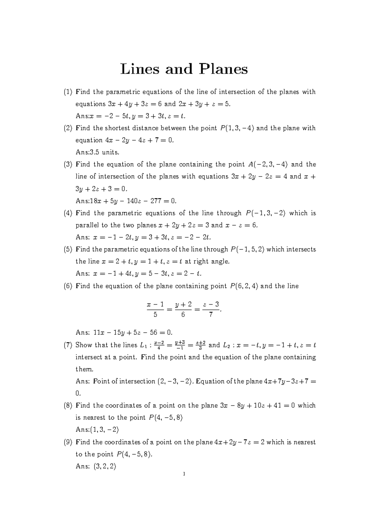 Linesandplanes - Lines and planes practice problems for test 2 - Lines ...