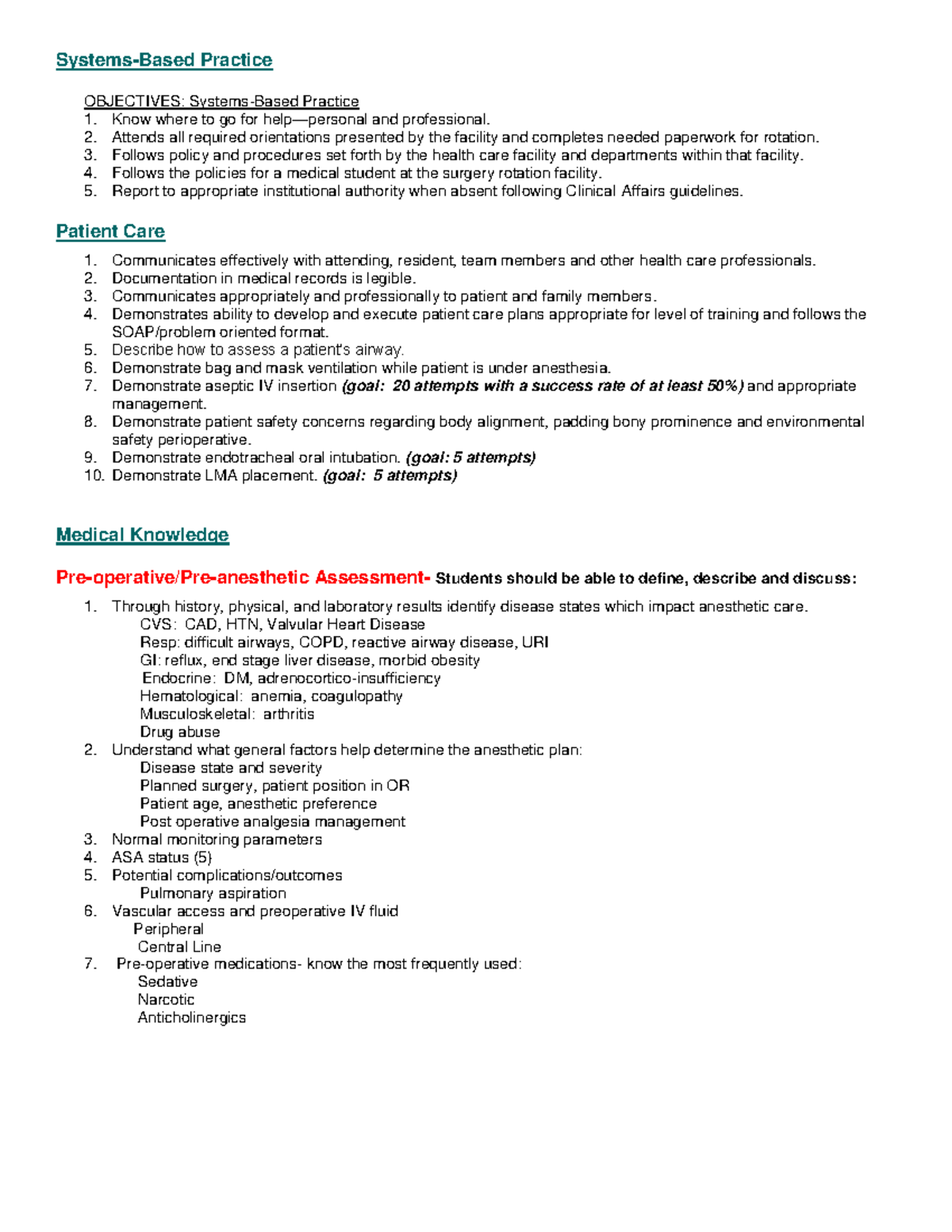Anesthesiology learning objectives 2 - Systems-Based Practice ...