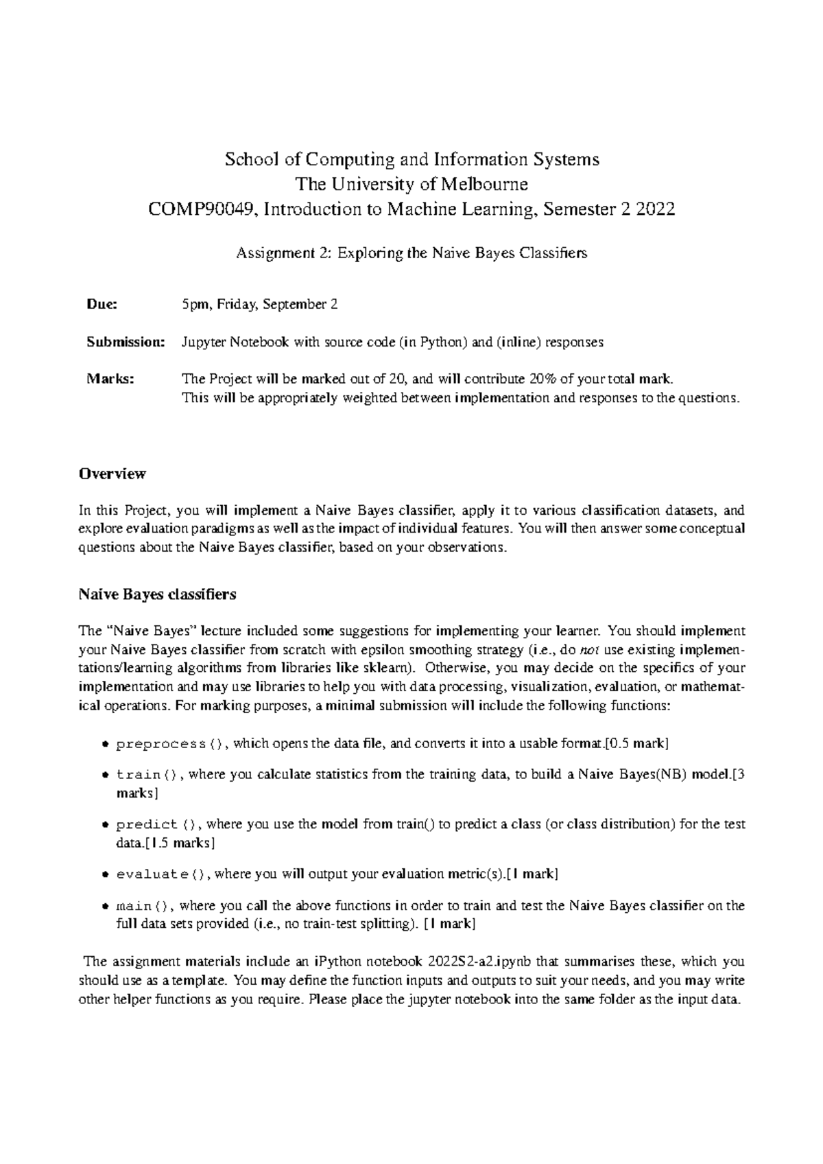 COMP90049 2022S2 Assignment 2: Naive Bayes Classifier Overview - Studocu