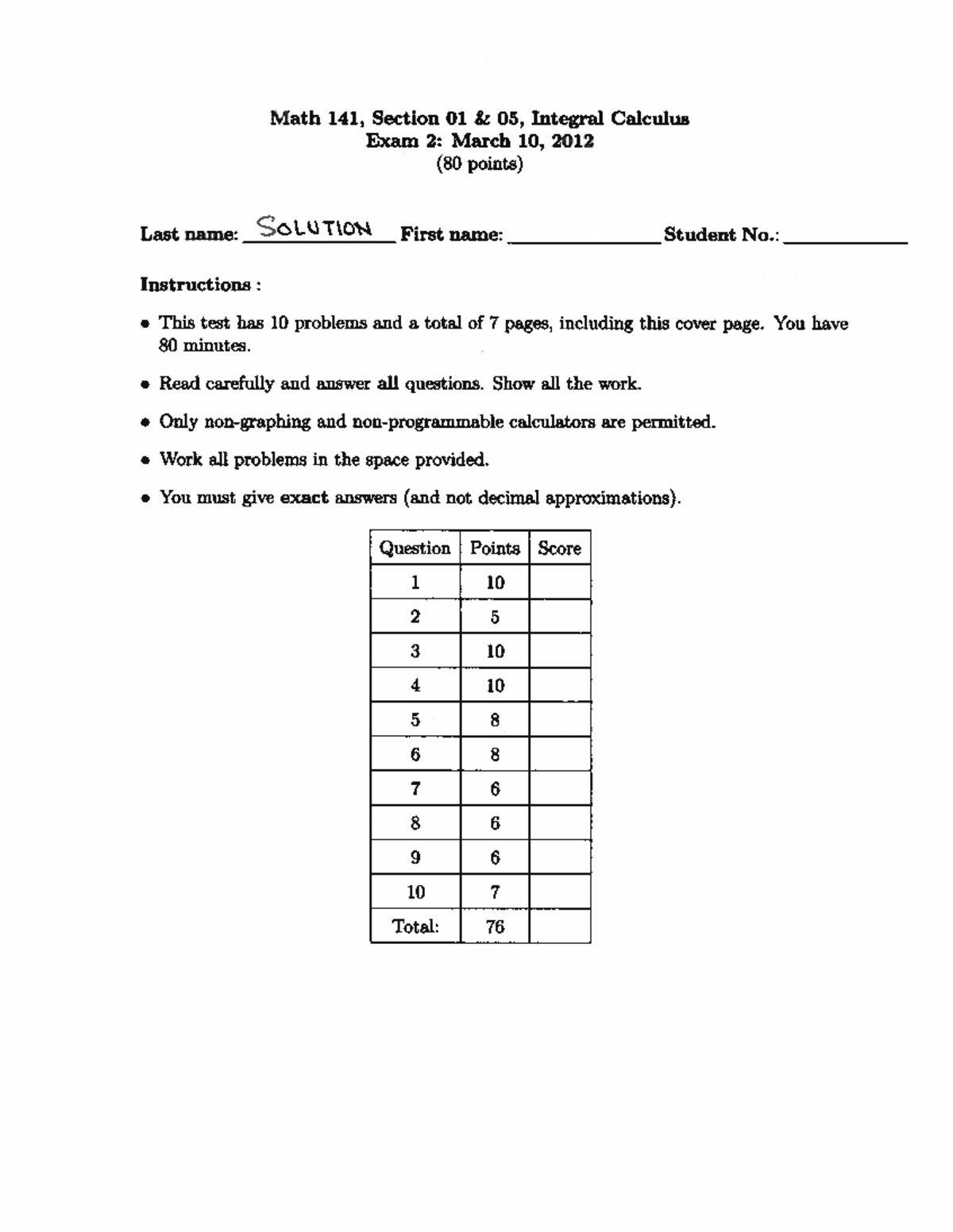 62-141 2012 W Midterm 2 - notes - Math 141, Section 01 05, Integral ...