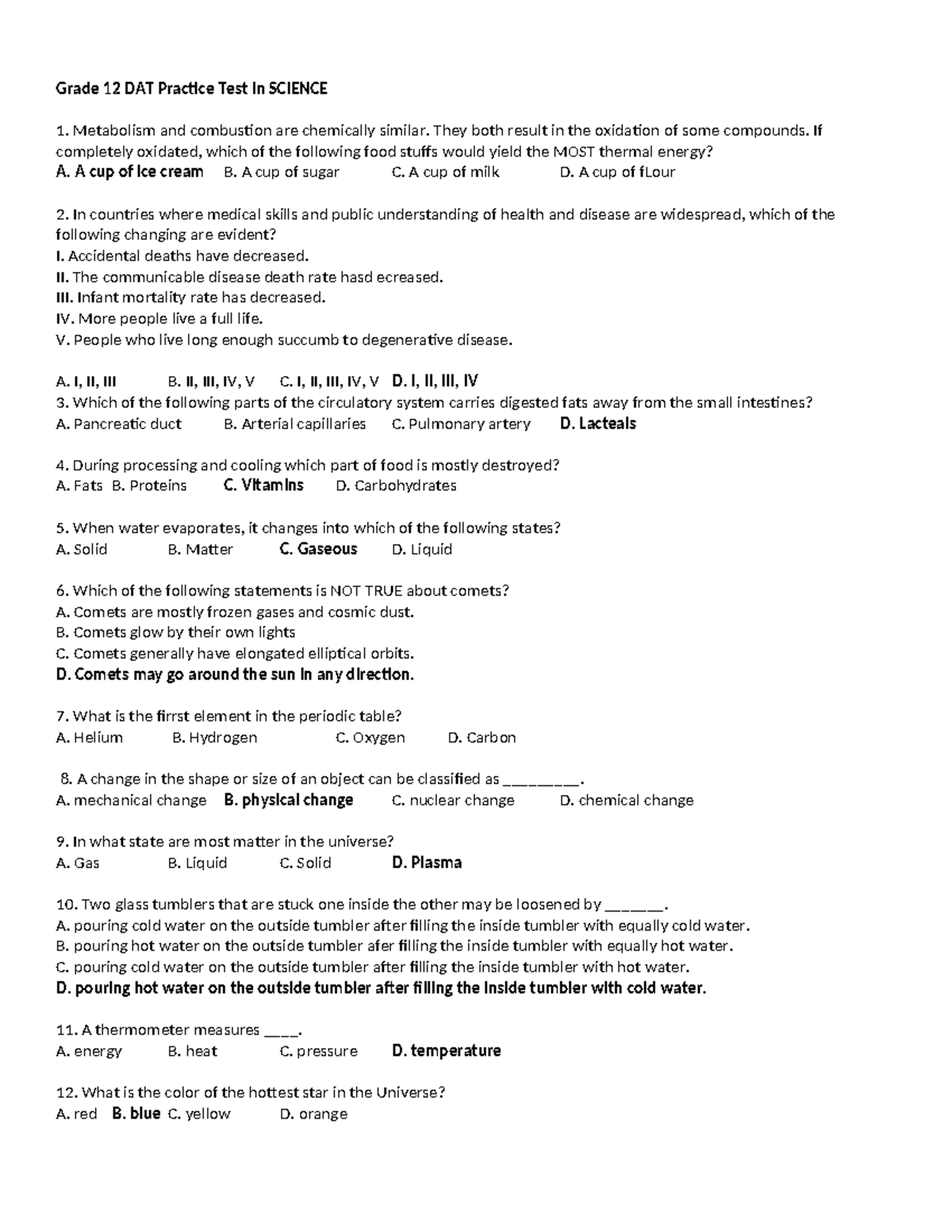 Grade 12 DAT Science Practice Test: Metabolism, Energy, and More - Studocu