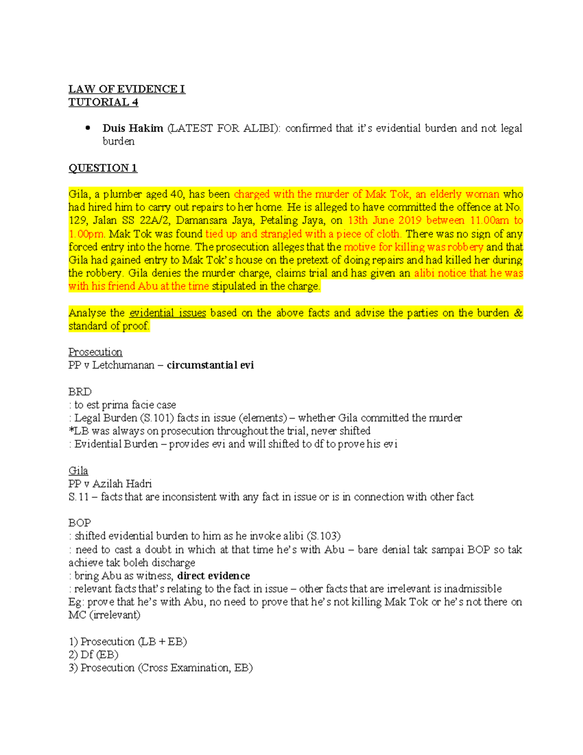 LAW OF EVIDENCE I TUTORIAL 4: Analyzing Burden of Proof in Murder Cases ...