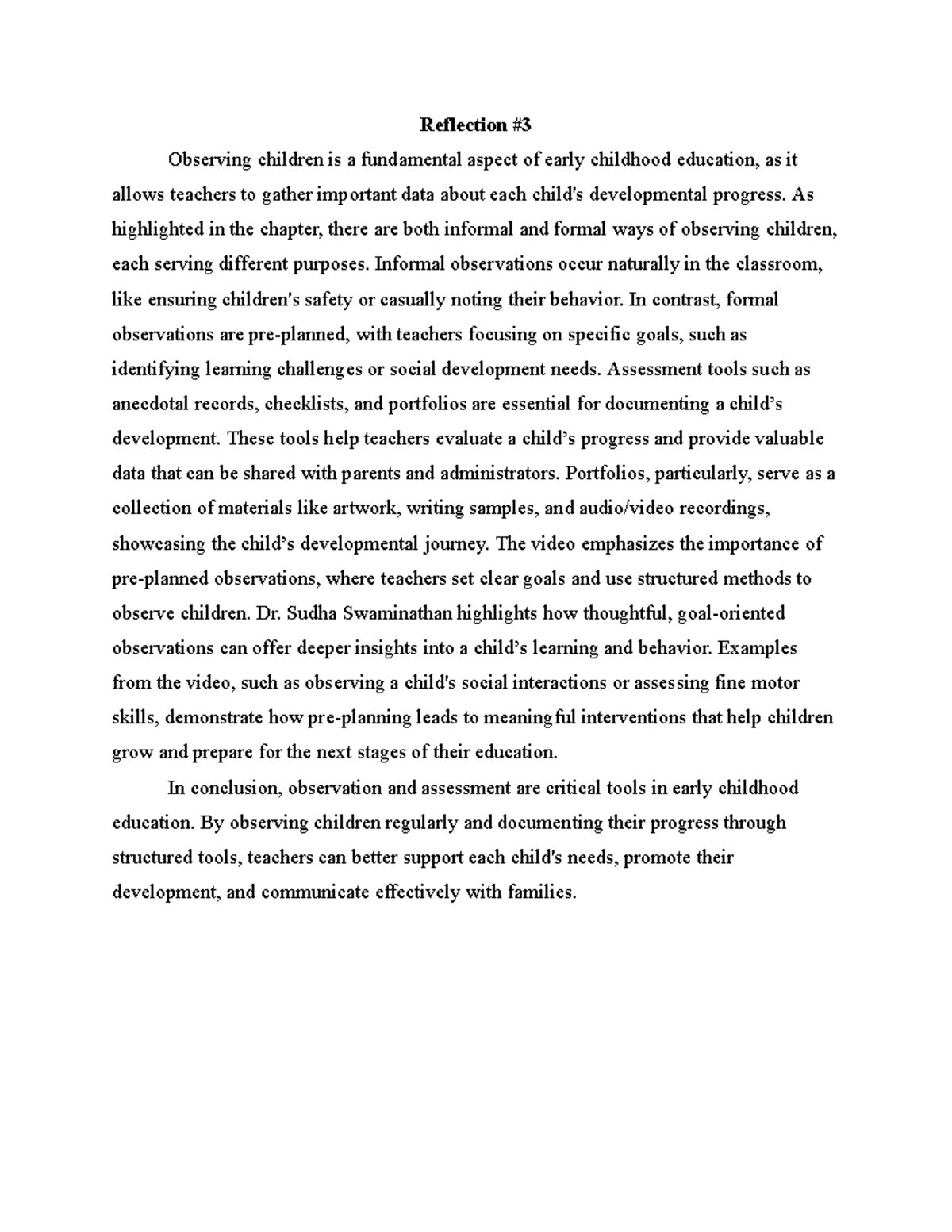 Reflection #3: Observing and Assessing Child Development in ECE - Studocu