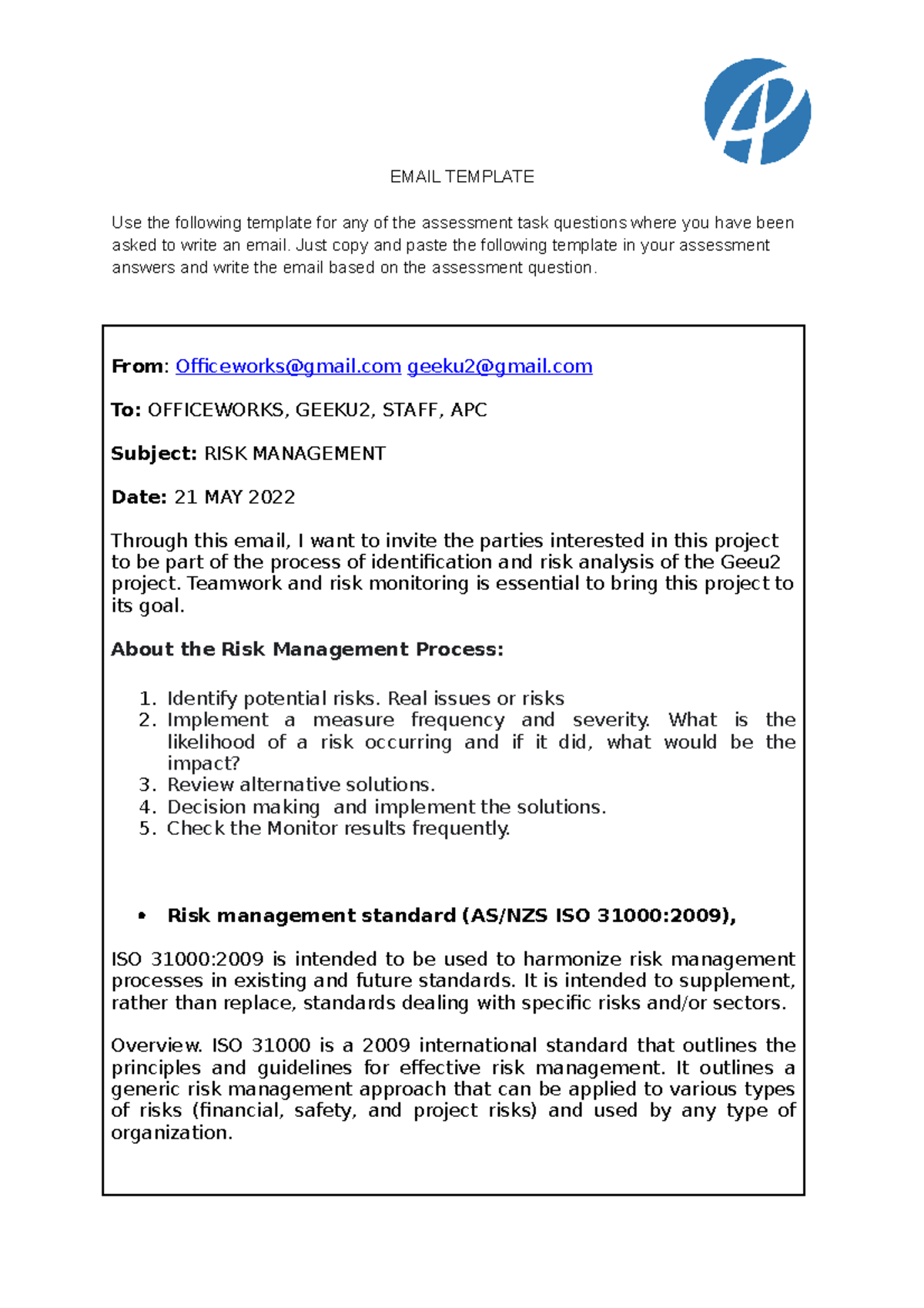 RISK MAANGEMENT EMAIL TEMPLATE - AS/NZS ISO 31000:2009 Guidelines - Studocu