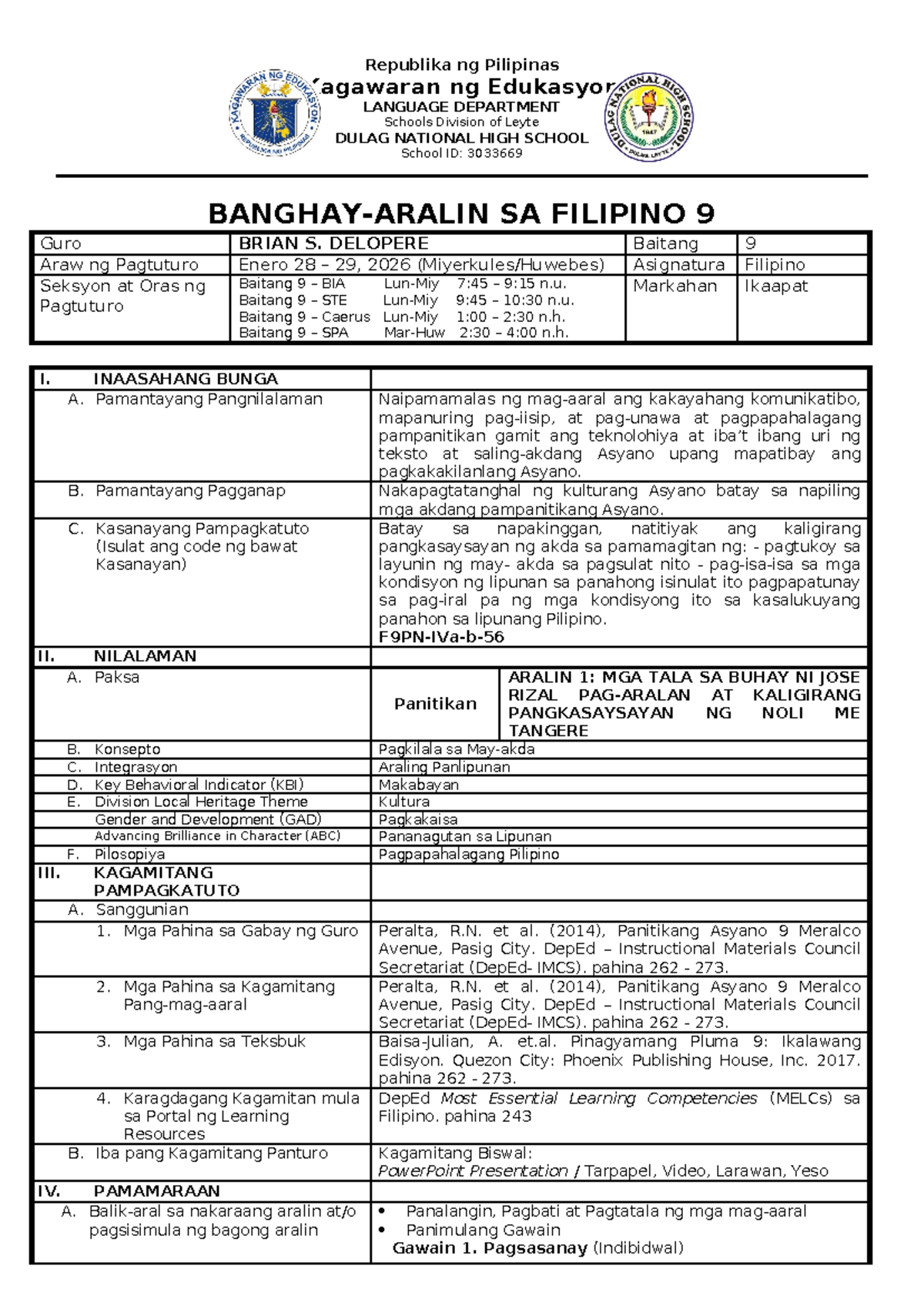 Filipino 9 Lesson Plan: Mga Tala sa Buhay ni Rizal (Jan 28-29, 2026 ...