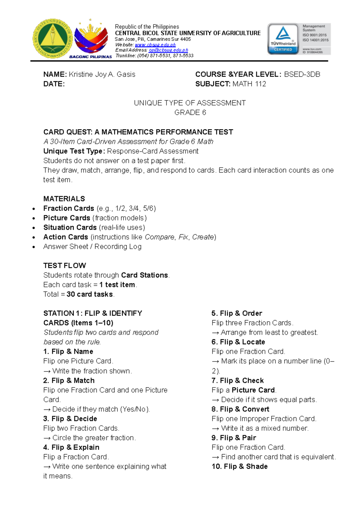 MATH 112: Unique Assessment Performance Test for Grade 6 Math - Studocu