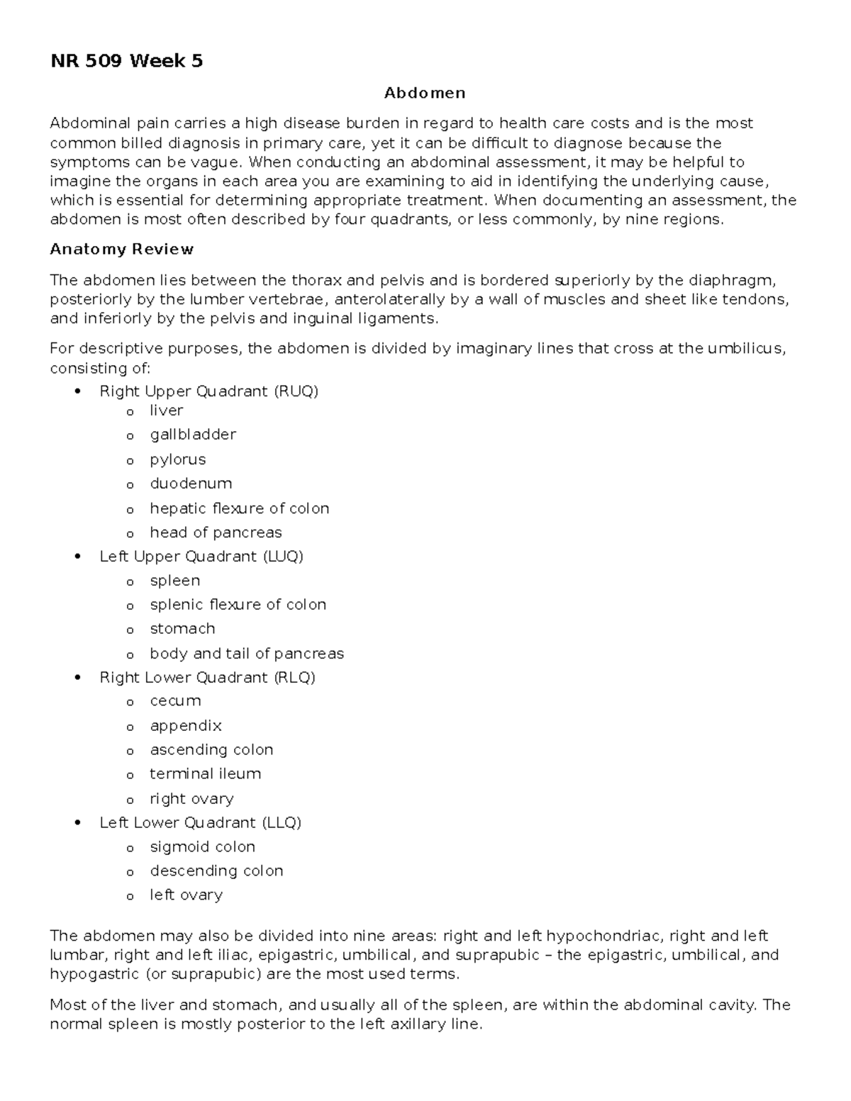 NR 509 Week 5 Lecture Notes on Abdominal Assessment and Pain - Studocu