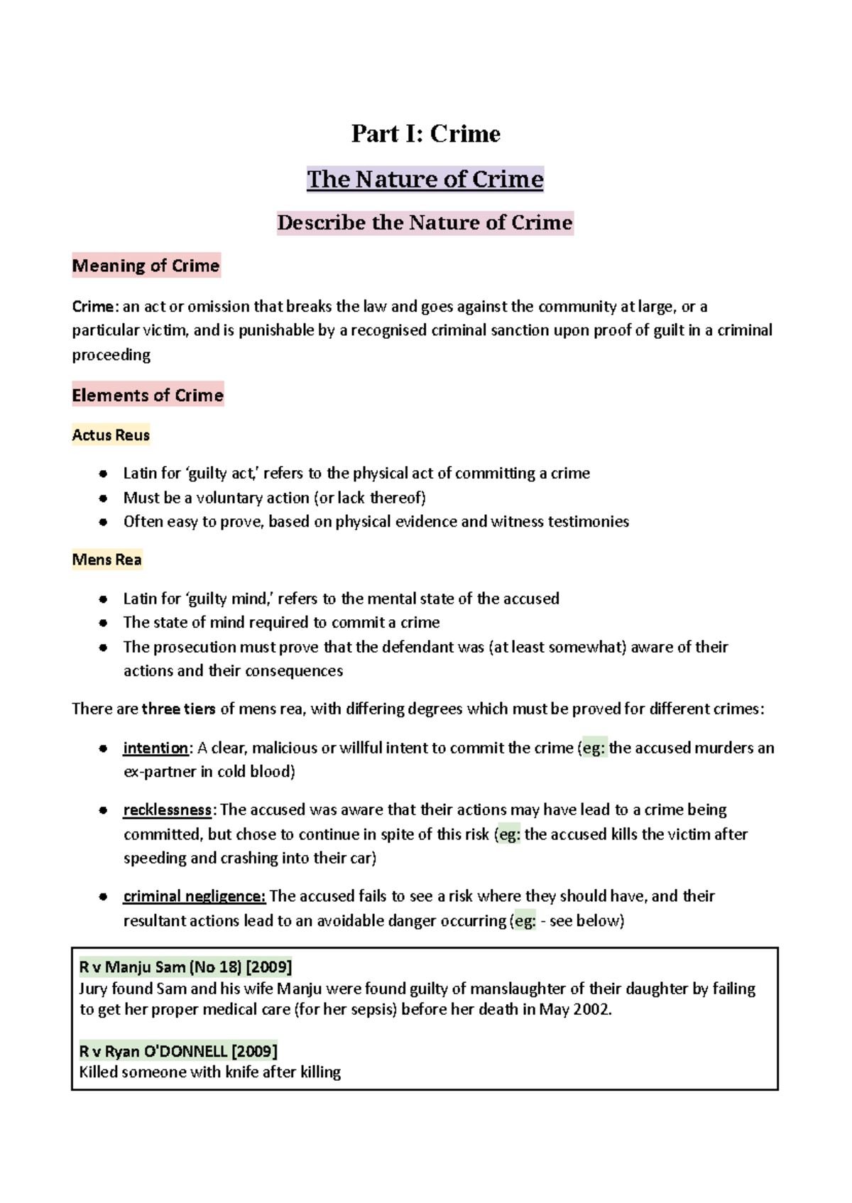 Legal Studies - Crime Notes (Part I) for Core Course - Studocu