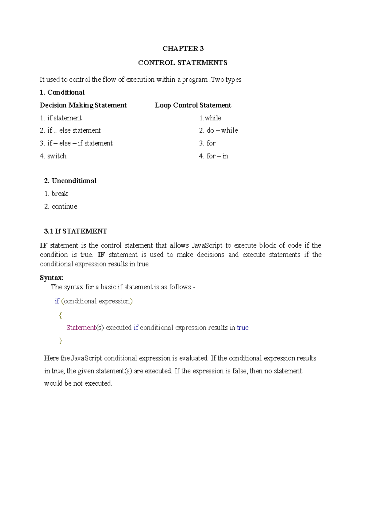 Chapter - IV java script - CHAPTER 3 CONTROL STATEMENTS It used to ...