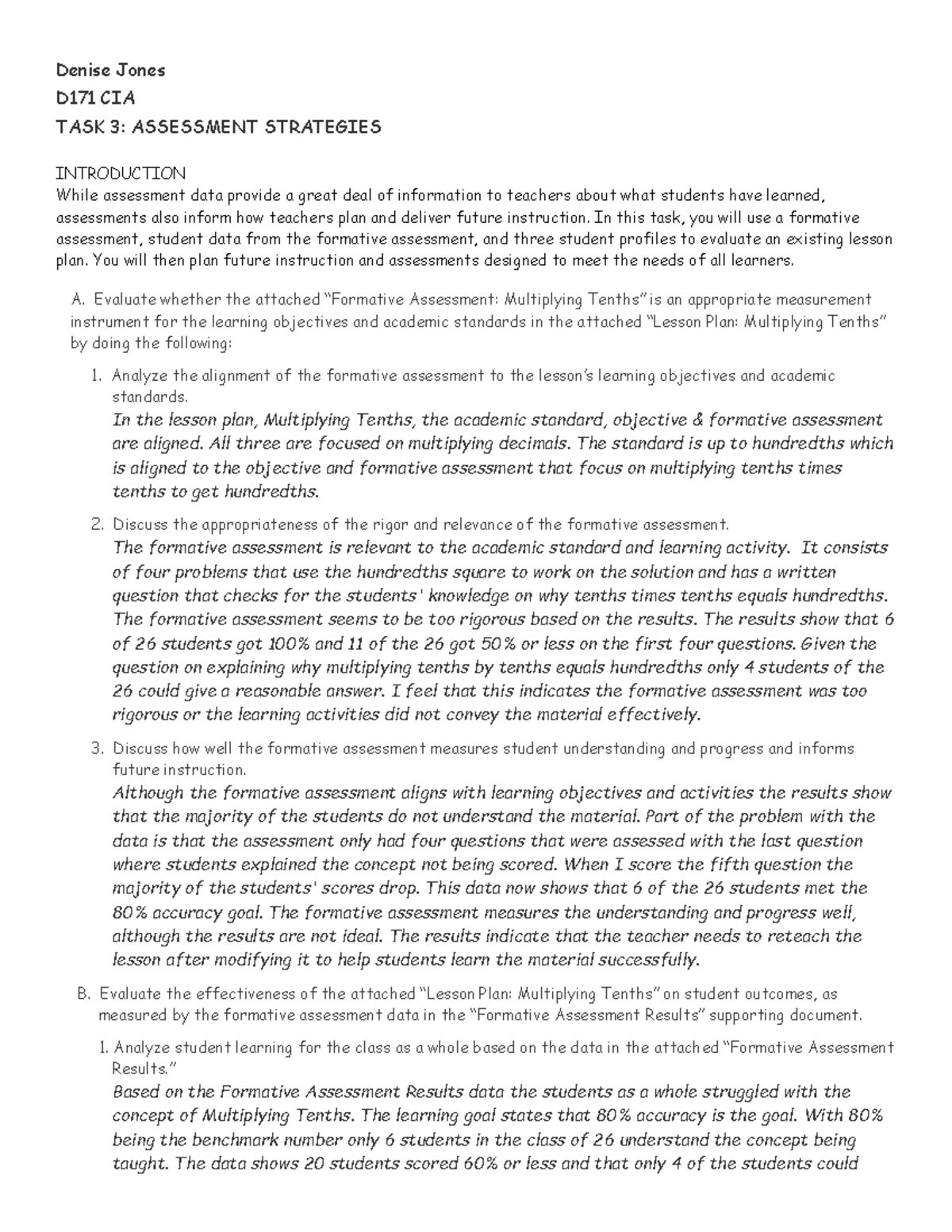 D171 TASK 3: Evaluating Assessment Strategies in Curriculum ...