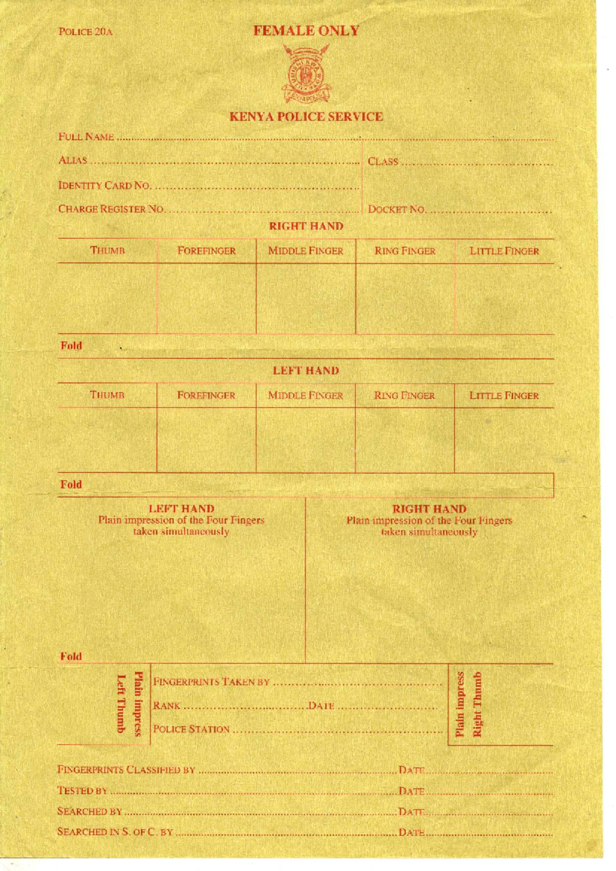 POLICE 20A Female Only Fingerprint Form and Classification - Studocu