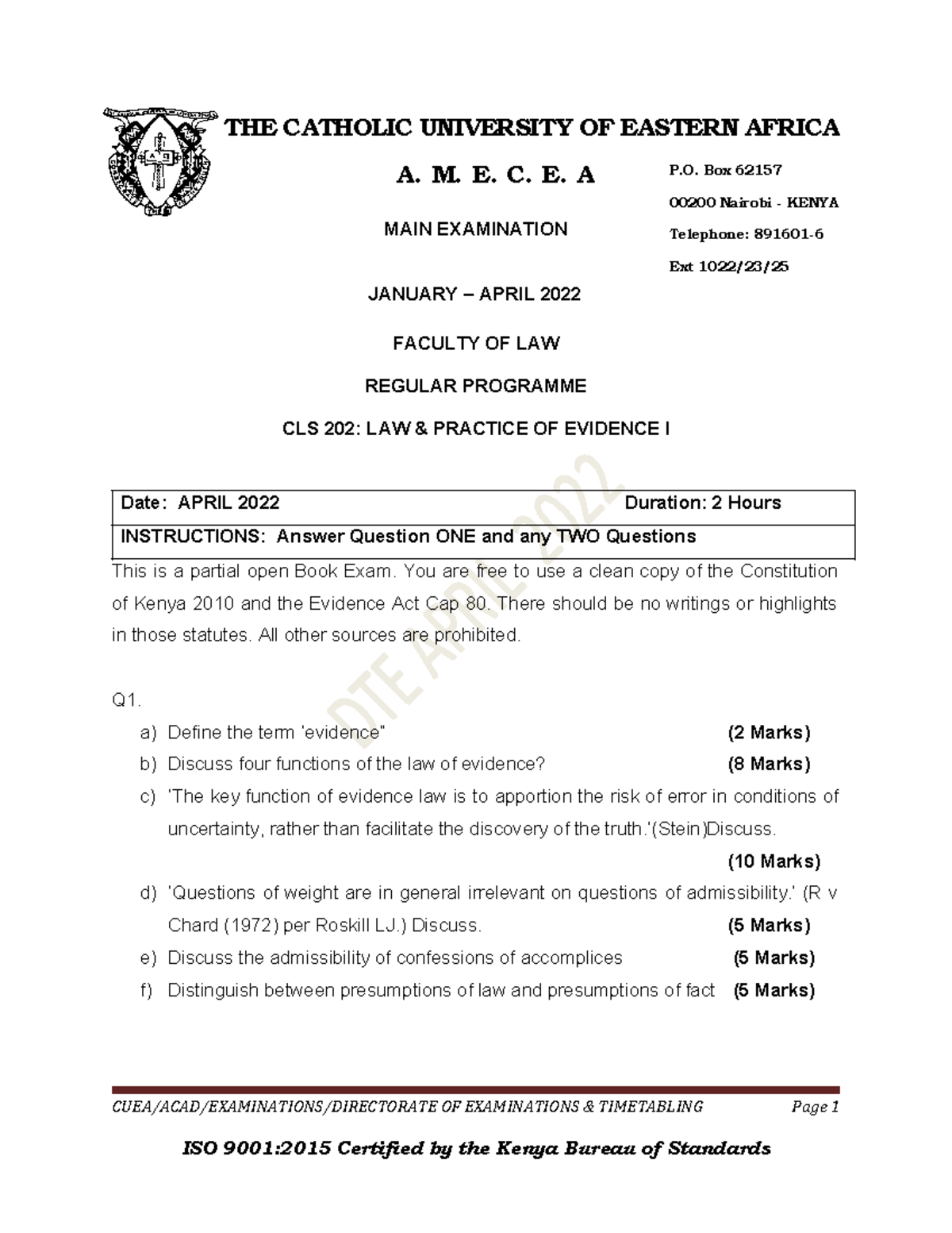 CLS 202 - Exam Paper: Law & Practice of Evidence I (Jan-Apr 2022) - Studocu