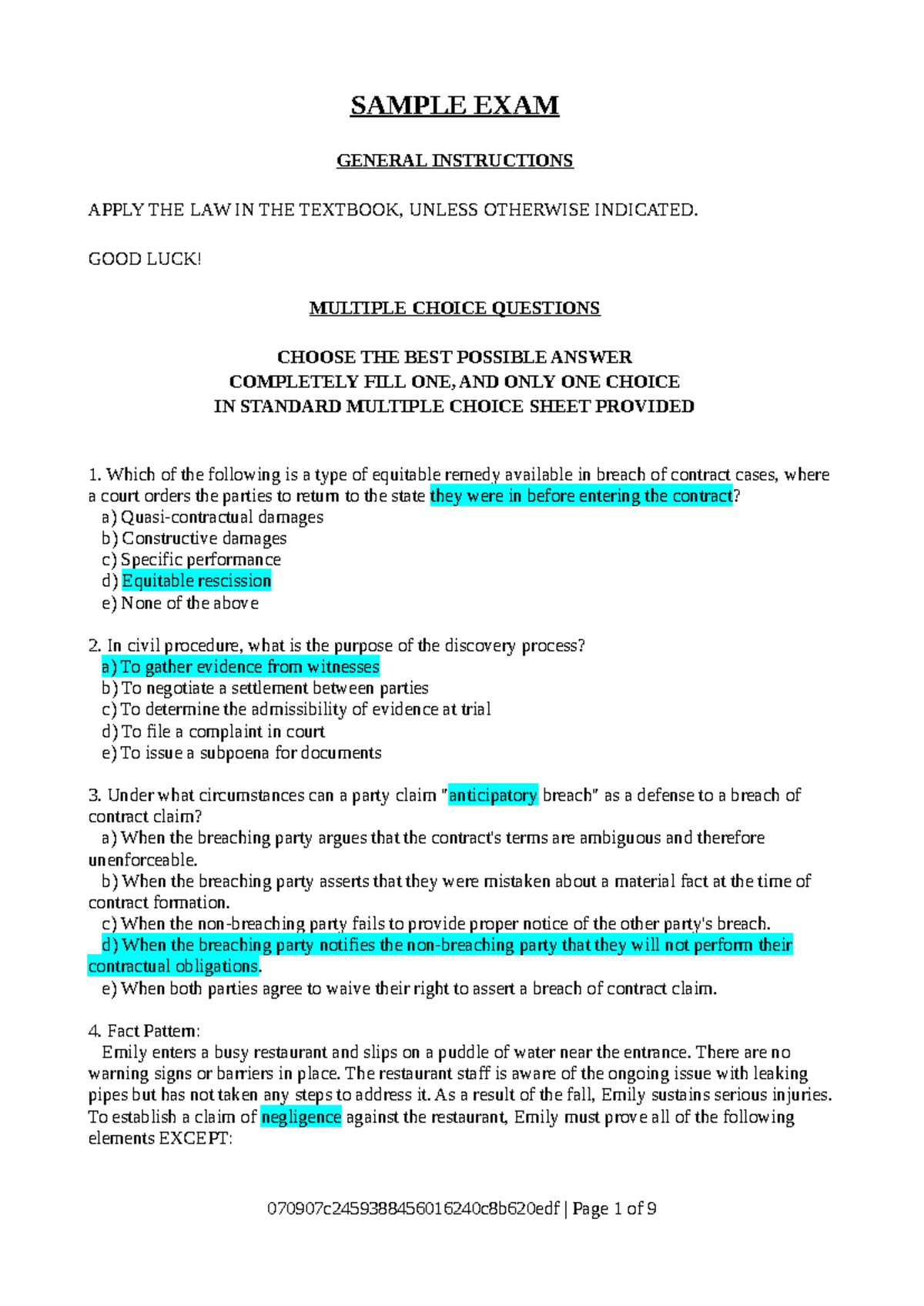 Sample EXAM - SAMPLE EXAM GENERAL INSTRUCTIONS APPLY THE LAW IN THE ...