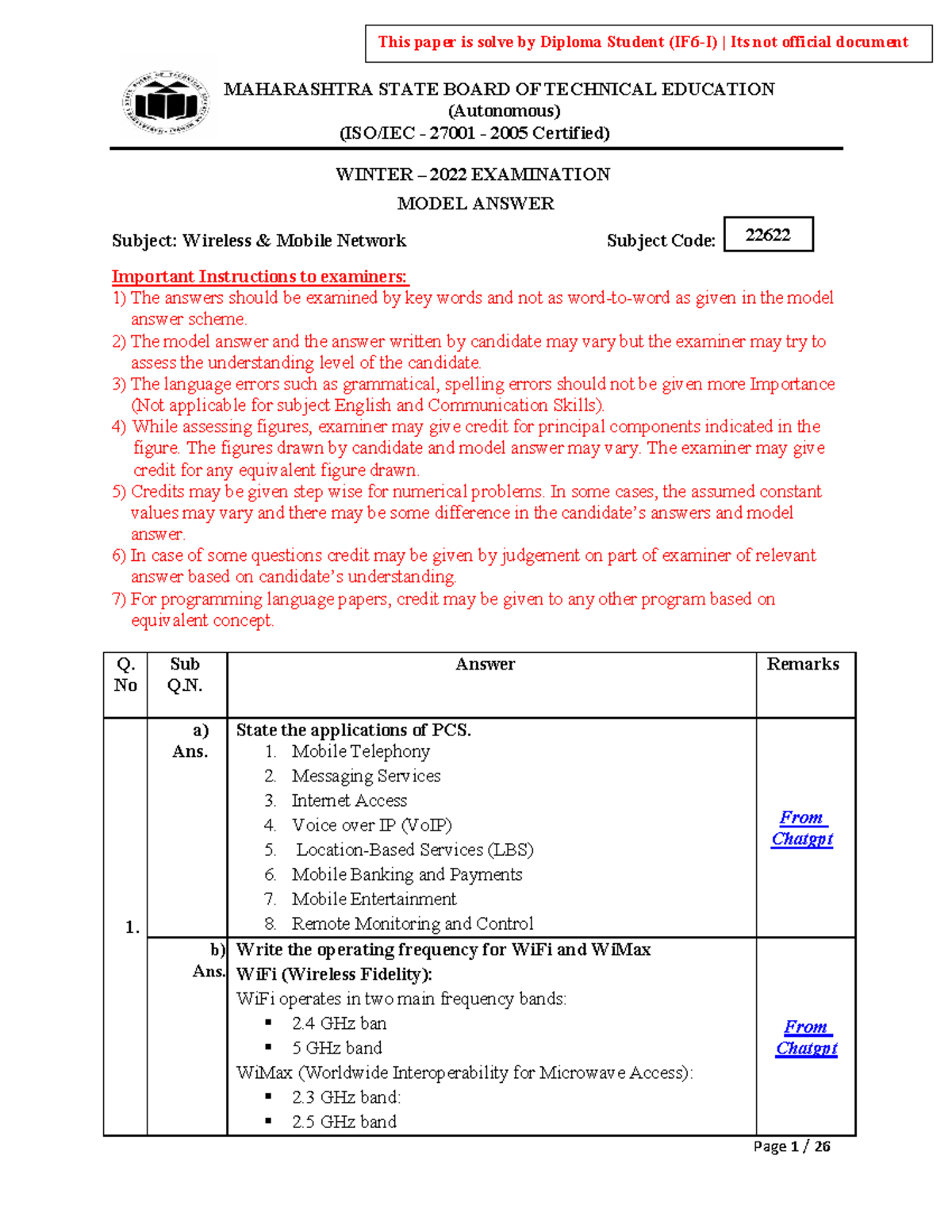 Winter 2022 Model Answer for Wireless & Mobile Network (WMN 22622 ...