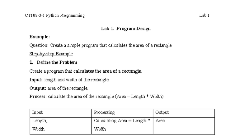 Python Programming Lab 1: Area Calculation & Pseudocode Examples - Studocu