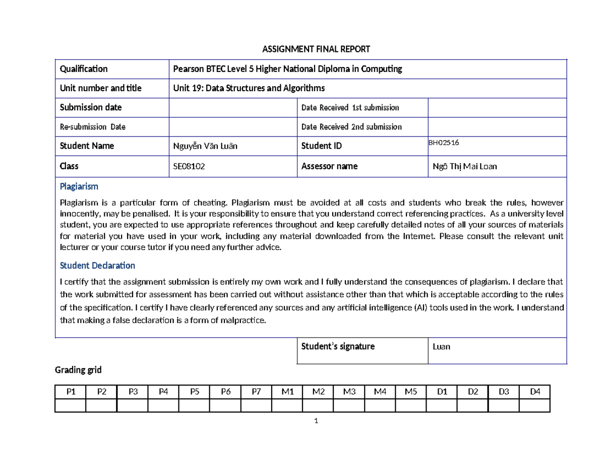 ASM2 Final Report on Data Structures and Algorithms (Unit 19) - Studocu