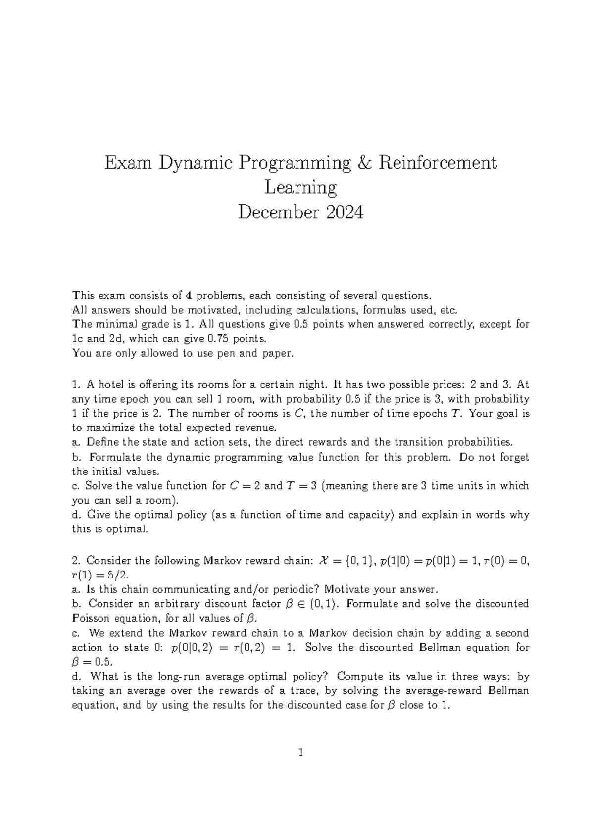 Dynamic Programming & Reinforcement Learning Exam Dec 2024 - Studeersnel