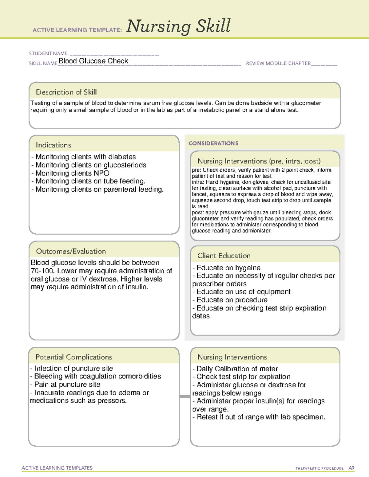 Blood Glucose Check Nursing Skill Template And Guidance Studocu