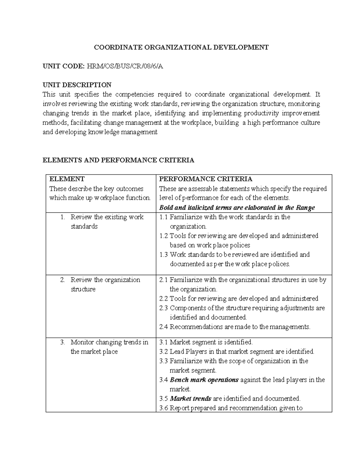 Coordinate Organizational Development: Unit Code & Competencies ...