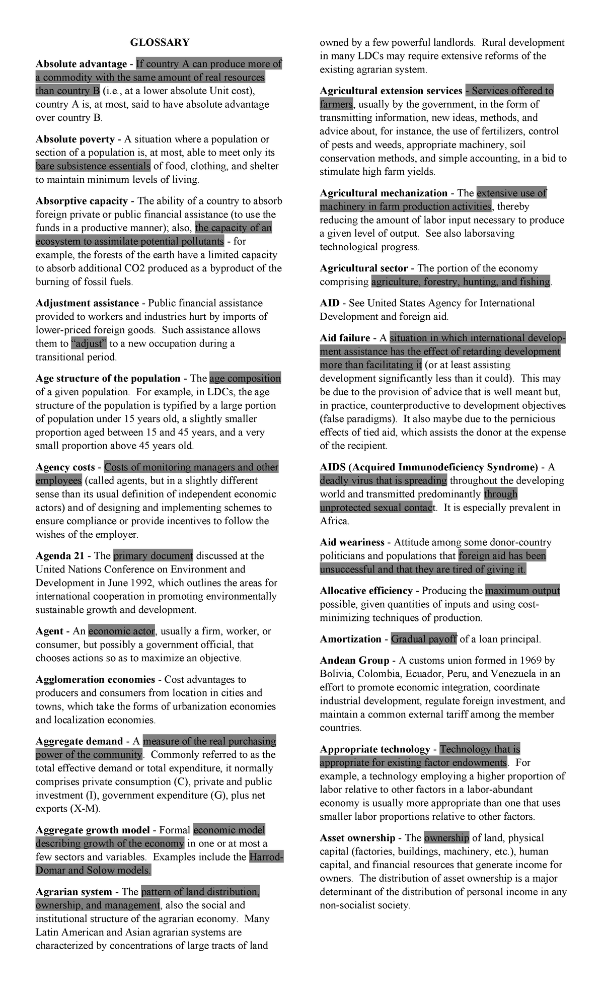 Glossary of Economic Development Terms - ECODEV - Studocu