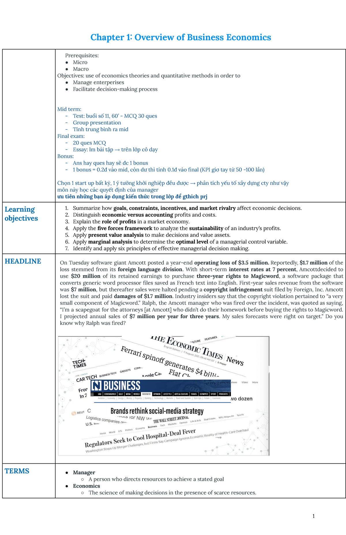 Business Economics (Course Code: BE101) - Chapter 1 Overview and Key ...