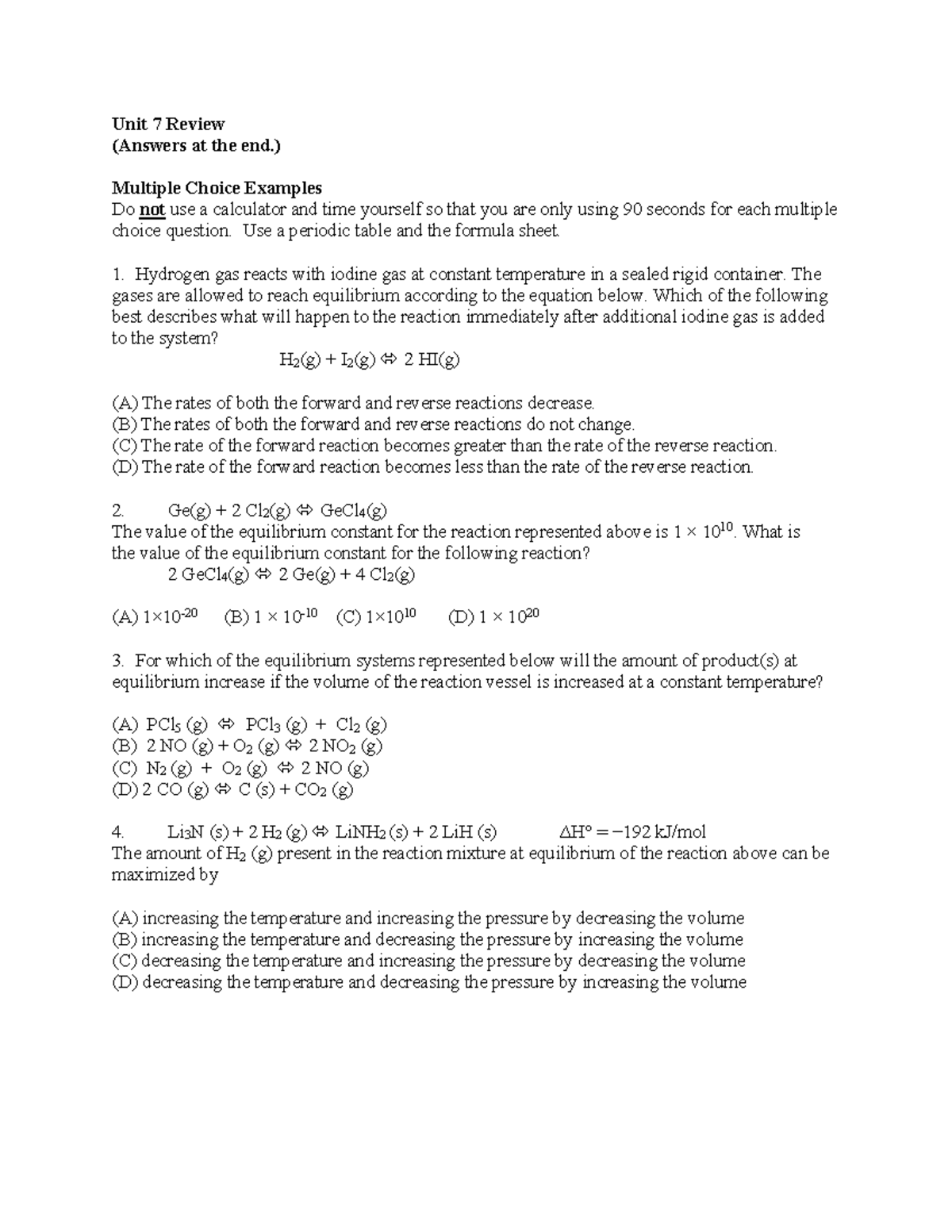 Unit 7 Review: Equilibrium Concepts and Practice Questions - Studocu