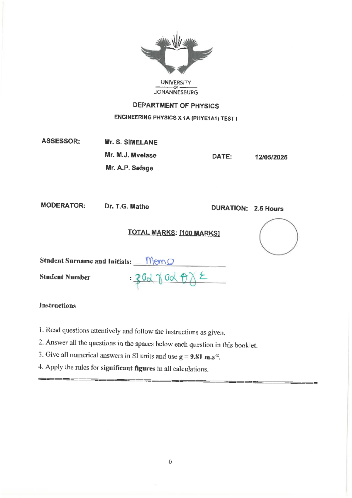 PHYE1A1 (2025) Semester Test 2 Memo for Engineering Physics - Studocu